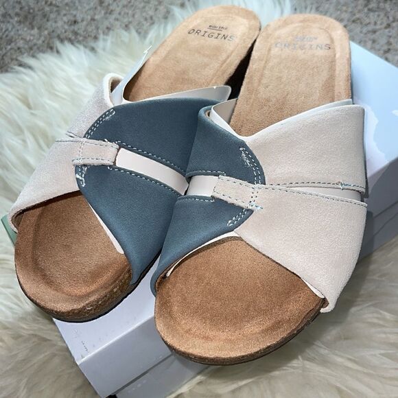 Earth origins Sandals Womens Sz 8 bleu acier multi suede slides Comfort shoe New - Picture 1 of 9